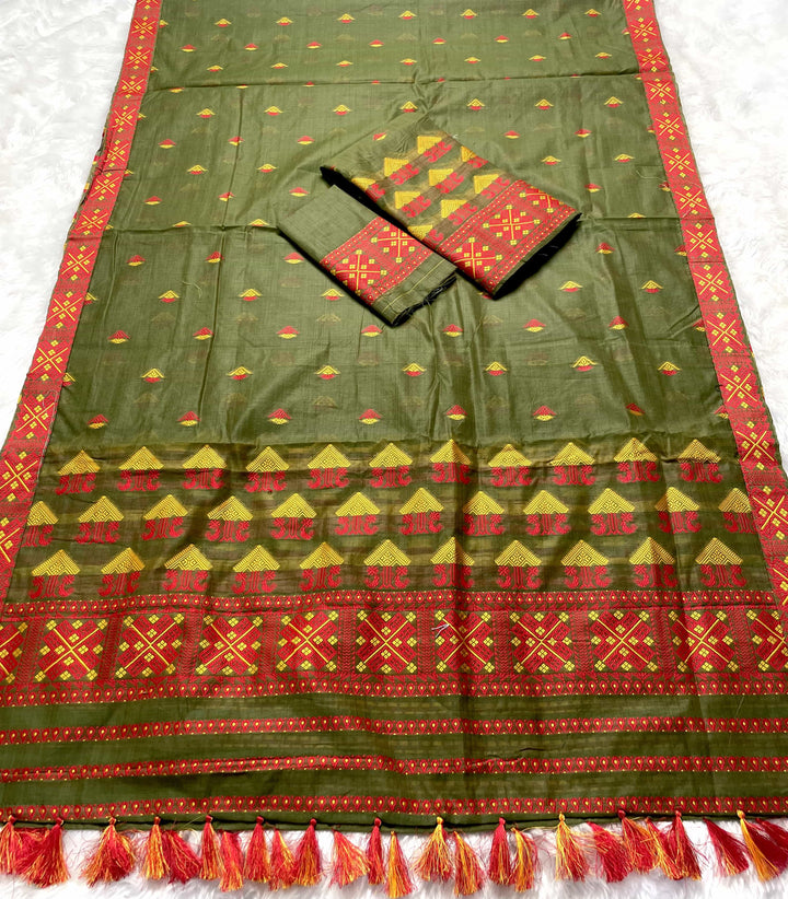 Ready-To-Wear Dhaga & Jari Weaving Work Premium Cotton* Mekhela Sador