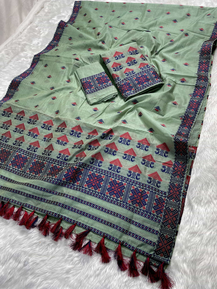 Ready-To-Wear Dhaga & Jari Weaving Work Premium Cotton* Mekhela Sador