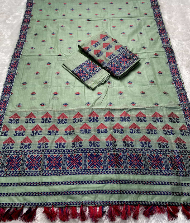 Ready-To-Wear Dhaga & Jari Weaving Work Premium Cotton* Mekhela Sador