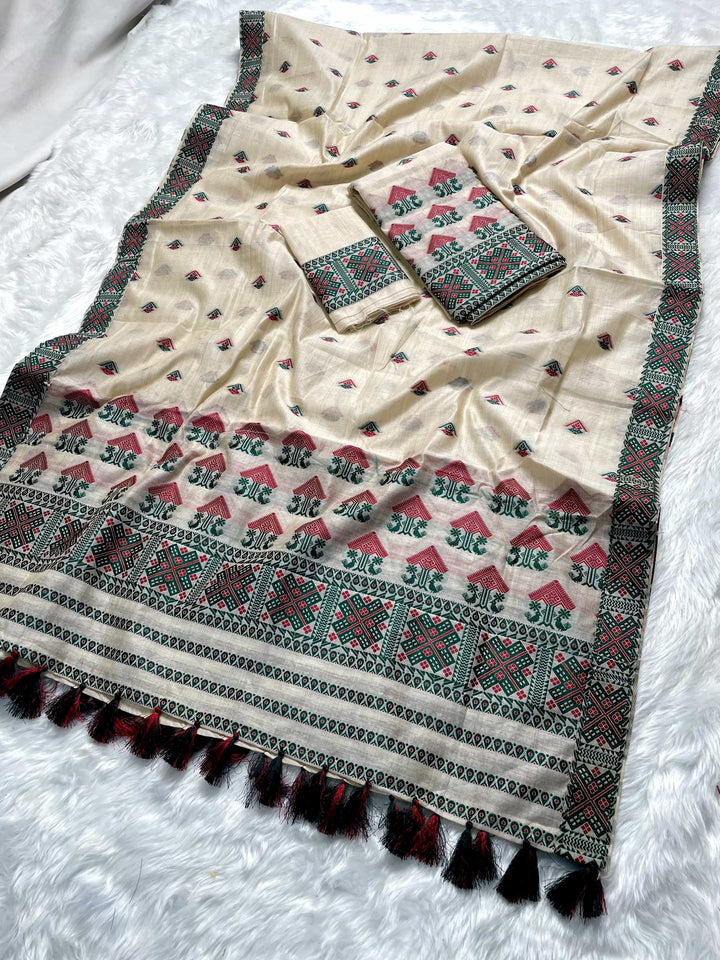 Ready-To-Wear Dhaga & Jari Weaving Work Premium Cotton* Mekhela Sador