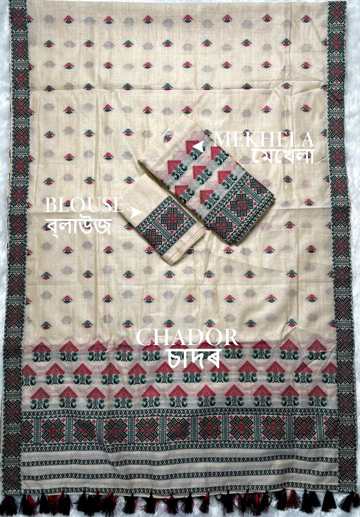 Ready-To-Wear Dhaga & Jari Weaving Work Premium Cotton* Mekhela Sador