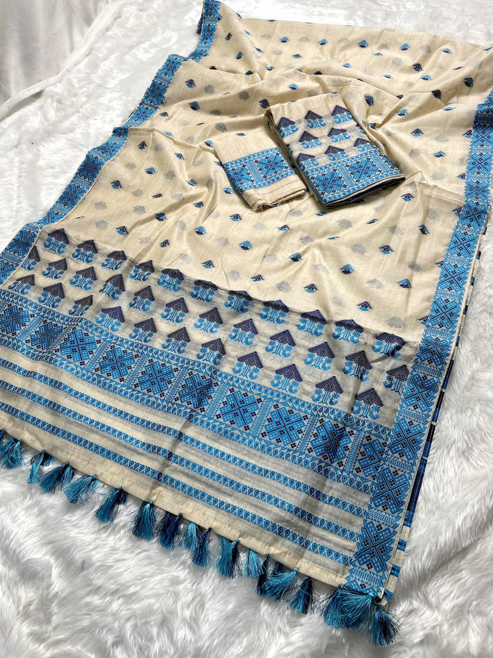 Ready-To-Wear Dhaga & Jari Weaving Work Premium Cotton* Mekhela Sador