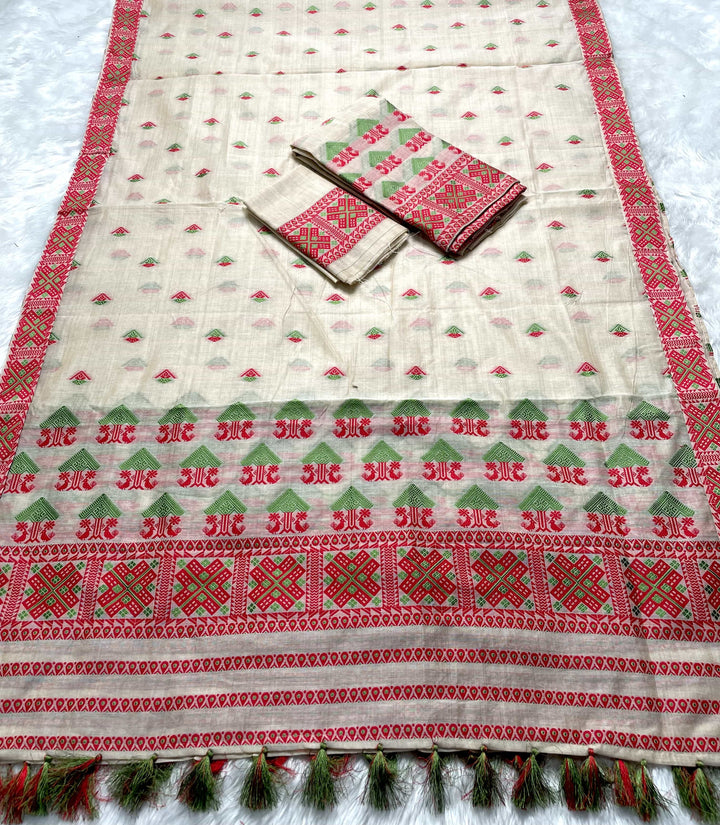 Ready-To-Wear Dhaga & Jari Weaving Work Premium Cotton* Mekhela Sador