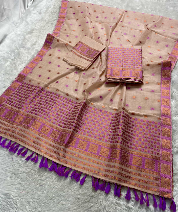 Ready-To-Wear Dhaga & Jari Weaving Work Premium Cotton* Mekhela Sador