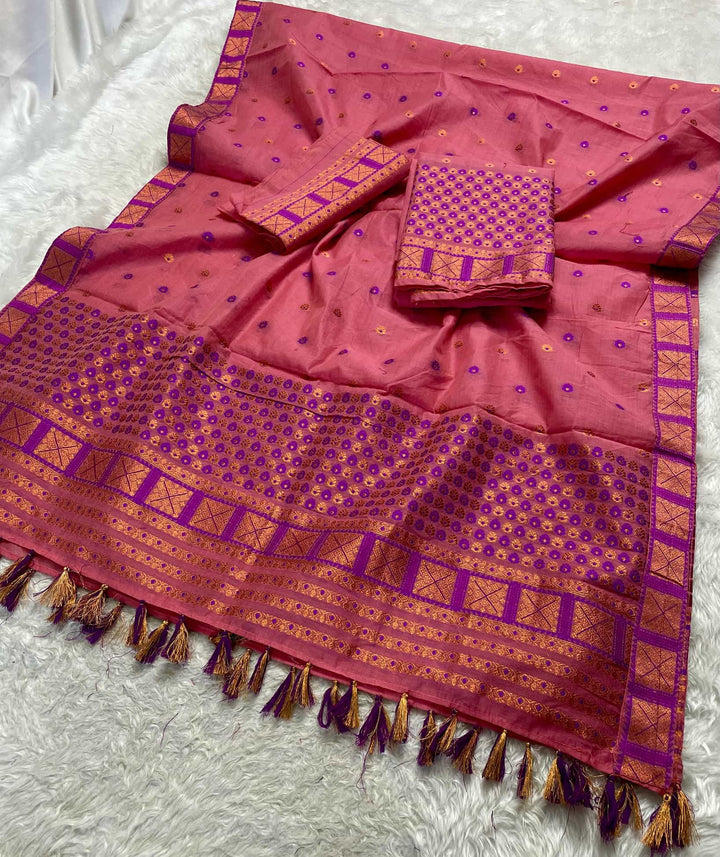 Ready-To-Wear Dhaga & Jari Weaving Work Premium Cotton* Mekhela Sador