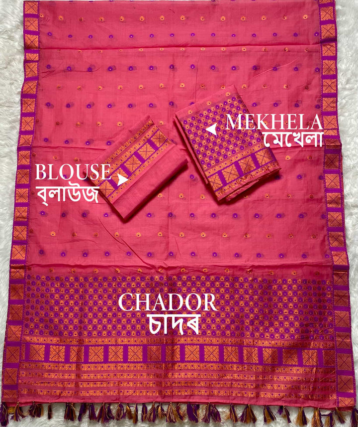 Ready-To-Wear Dhaga & Jari Weaving Work Premium Cotton* Mekhela Sador