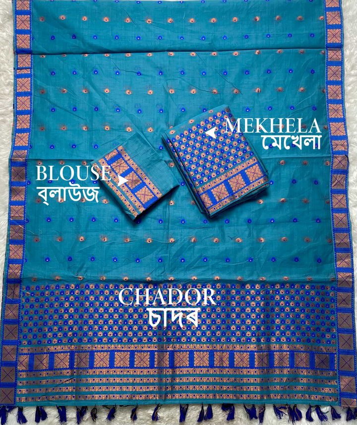 Ready-To-Wear Dhaga & Jari Weaving Work Premium Cotton* Mekhela Sador