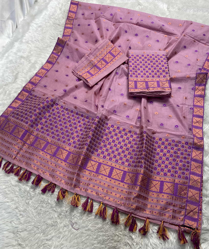 Ready-To-Wear Dhaga & Jari Weaving Work Premium Cotton* Mekhela Sador