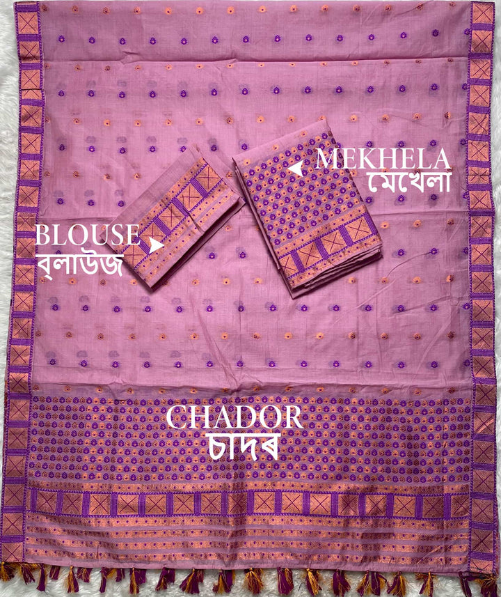 Ready-To-Wear Dhaga & Jari Weaving Work Premium Cotton* Mekhela Sador