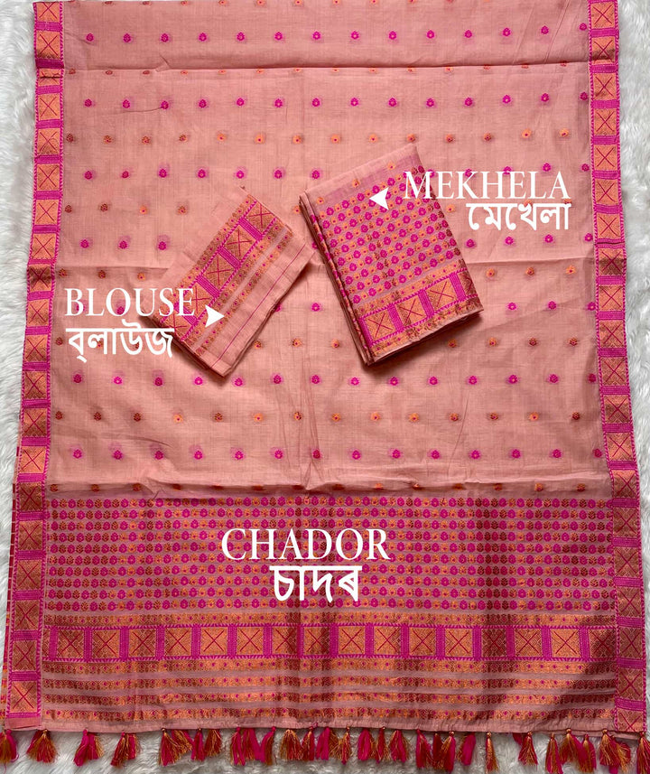 Ready-To-Wear Dhaga & Jari Weaving Work Premium Cotton* Mekhela Sador