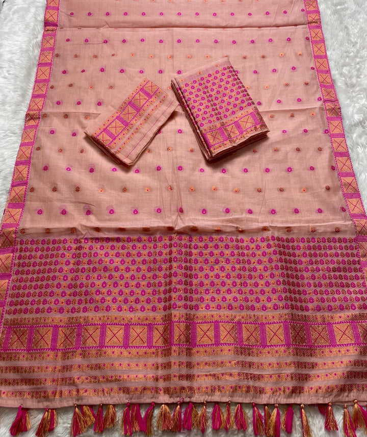 Ready-To-Wear Dhaga & Jari Weaving Work Premium Cotton* Mekhela Sador