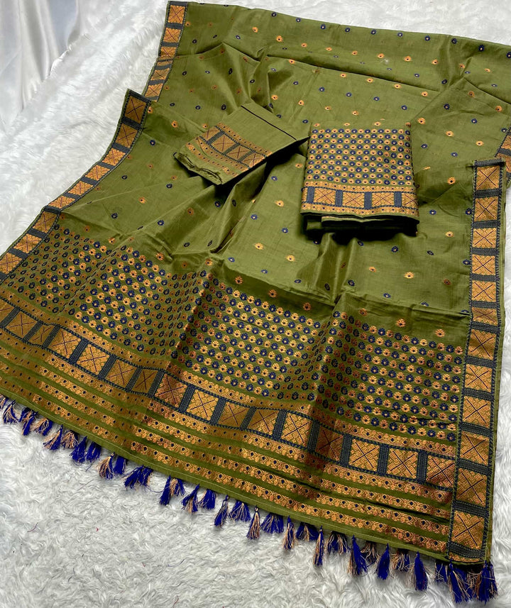 Ready-To-Wear Dhaga & Jari Weaving Work Premium Cotton* Mekhela Sador