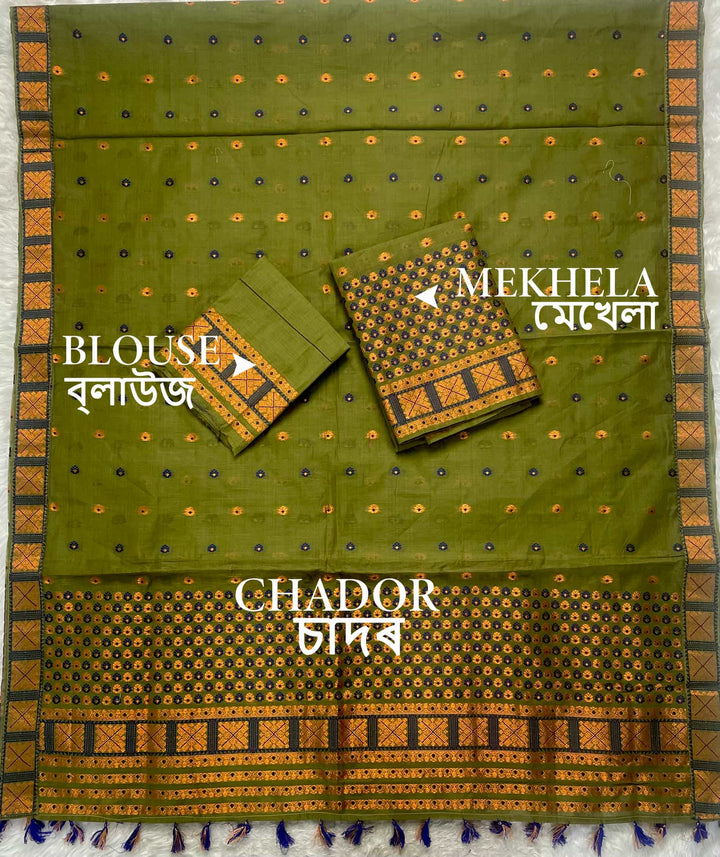 Ready-To-Wear Dhaga & Jari Weaving Work Premium Cotton* Mekhela Sador