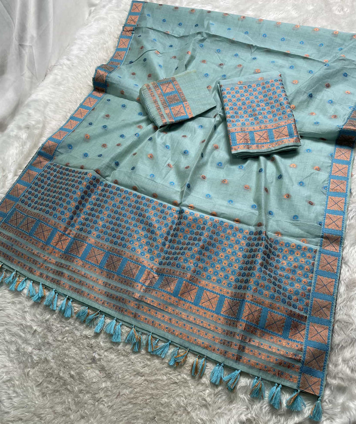 Ready-To-Wear Dhaga & Jari Weaving Work Premium Cotton* Mekhela Sador