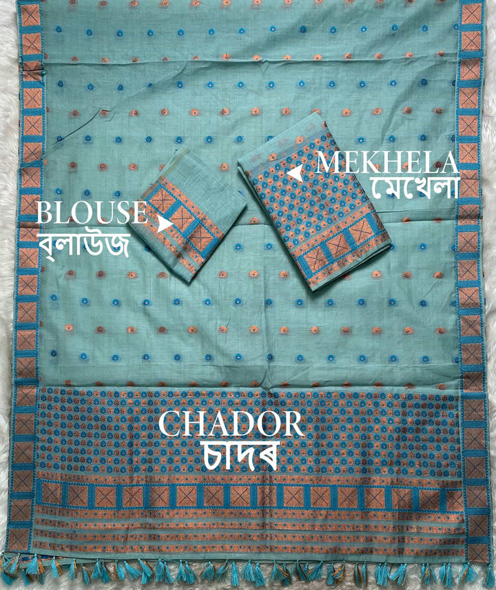 Ready-To-Wear Dhaga & Jari Weaving Work Premium Cotton* Mekhela Sador