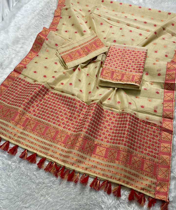 Ready-To-Wear Dhaga & Jari Weaving Work Premium Cotton* Mekhela Sador