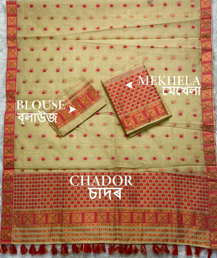 Ready-To-Wear Dhaga & Jari Weaving Work Premium Cotton* Mekhela Sador