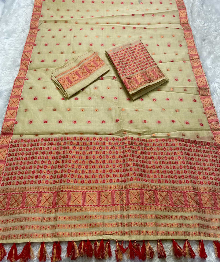 Ready-To-Wear Dhaga & Jari Weaving Work Premium Cotton* Mekhela Sador
