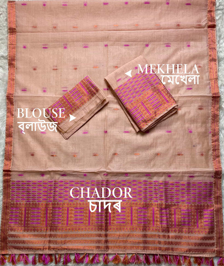Ready-To-Wear Dhaga & Jari Weaving Work Premium Cotton* Mekhela Sador