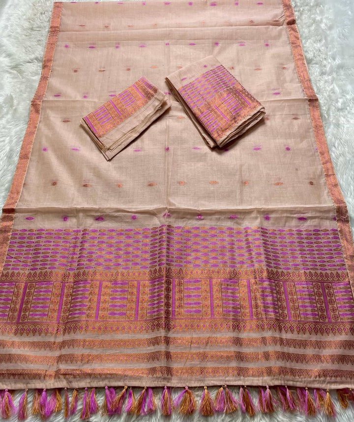 Ready-To-Wear Dhaga & Jari Weaving Work Premium Cotton* Mekhela Sador