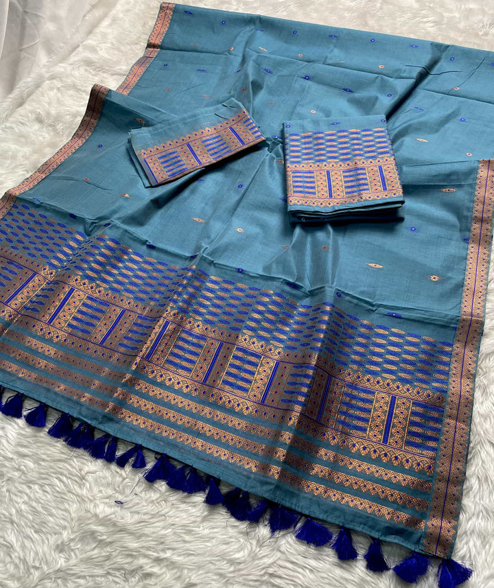 Ready-To-Wear Dhaga & Jari Weaving Work Premium Cotton* Mekhela Sador