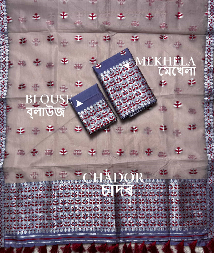 Ready-To-Wear Silver Jari Premium Poly Mekhela Art-Nuni Sador