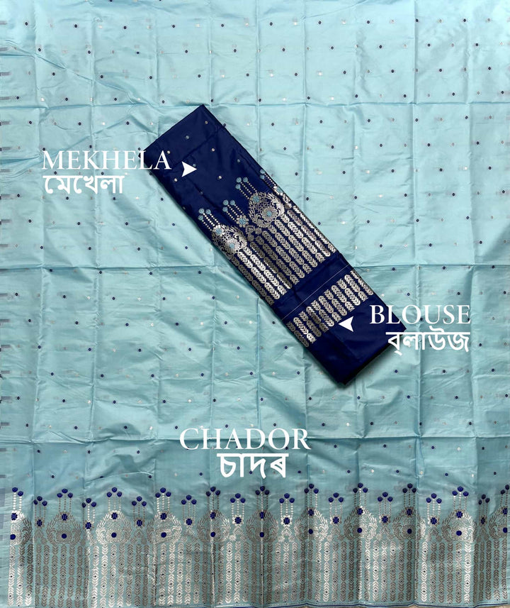 Silver Jari - Dhaga Mina - Contrast Mix Set Mekhela Sador