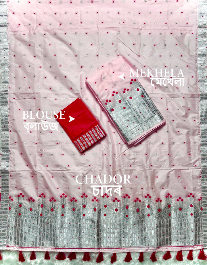 Ready-To-Wear Light Pink Mix Set Mekhela Sador - Contrast Rani Blouse