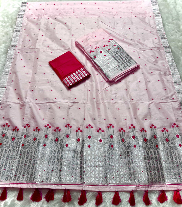 Ready-To-Wear Light Pink Mix Set Mekhela Sador - Contrast Rani Blouse
