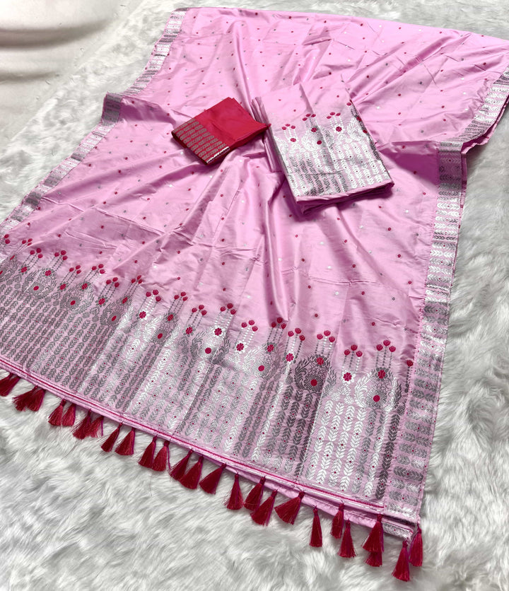 Ready-To-Wear Light Pink Mix Set Mekhela Sador - Contrast Rani Blouse