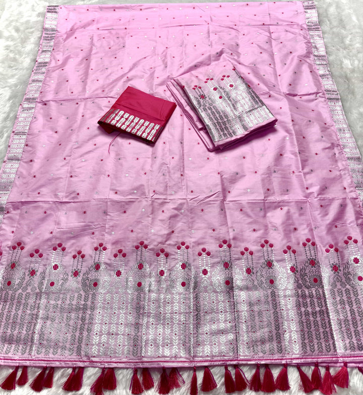 Ready-To-Wear Light Pink Mix Set Mekhela Sador - Contrast Rani Blouse
