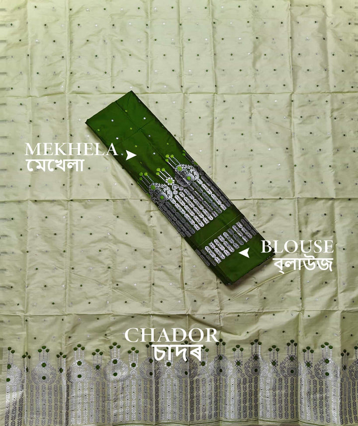 Silver Jari - Dhaga Mina - Contrast Mix Set Mekhela Sador