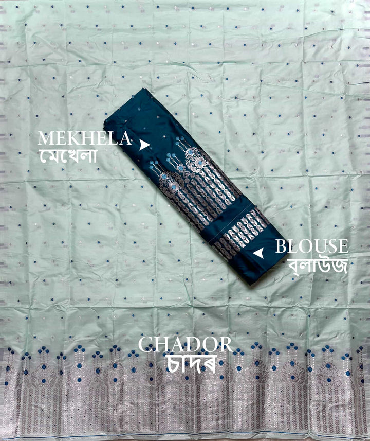 Silver Jari - Dhaga Mina - Contrast Mix Set Mekhela Sador