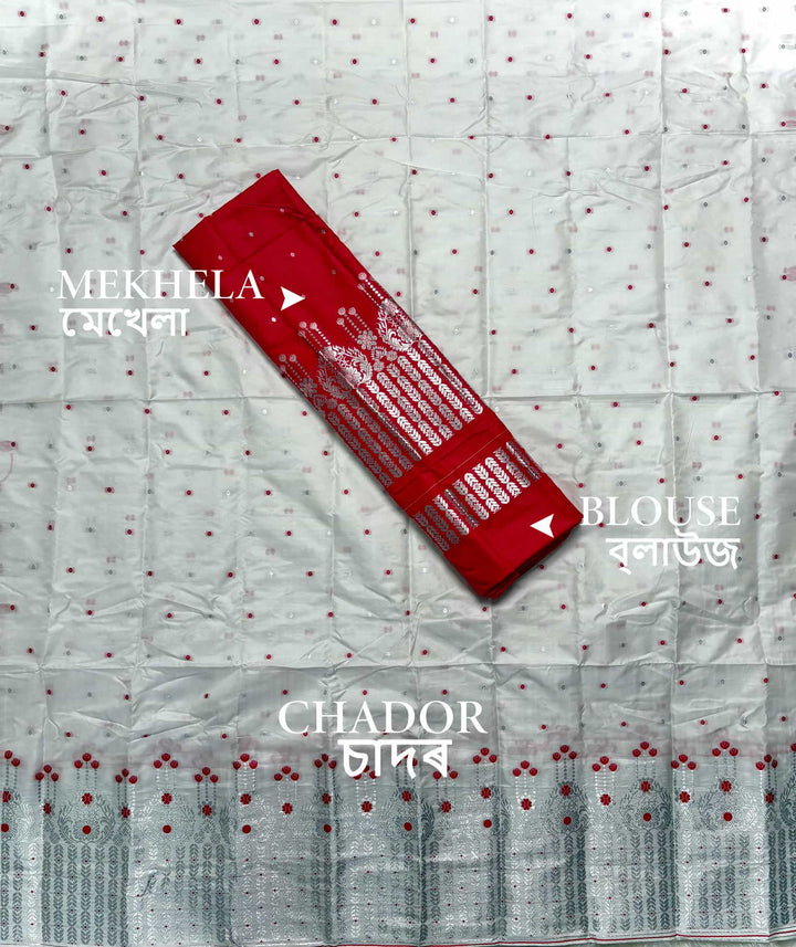 Silver Jari - Dhaga Mina - Contrast Mix Set Mekhela Sador