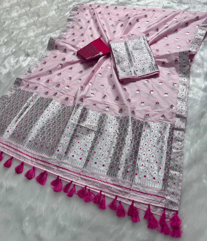 Ready-To-Wear Pink Mix Set Mekhela Sador - Contrast Rani Blouse