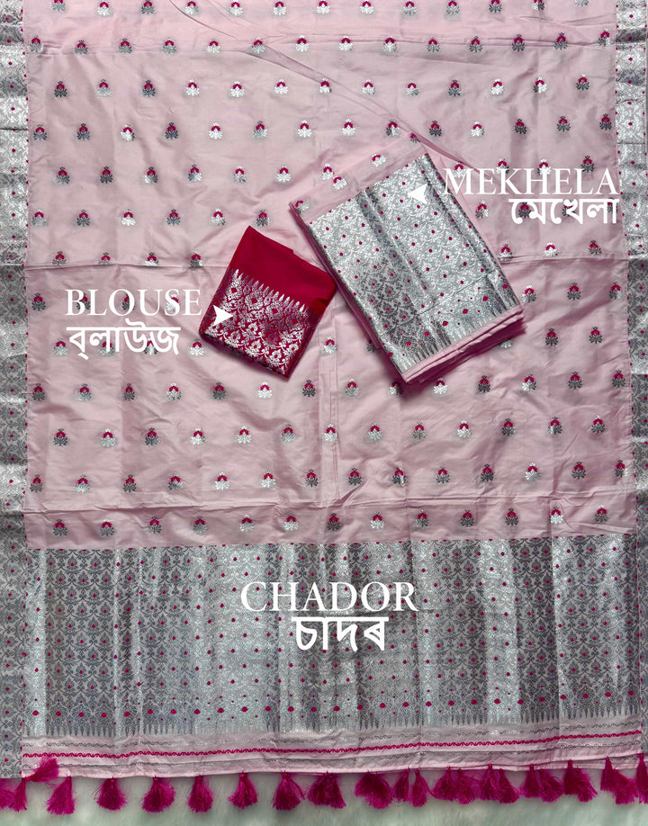 Ready-To-Wear Pink Mix Set Mekhela Sador - Contrast Rani Blouse