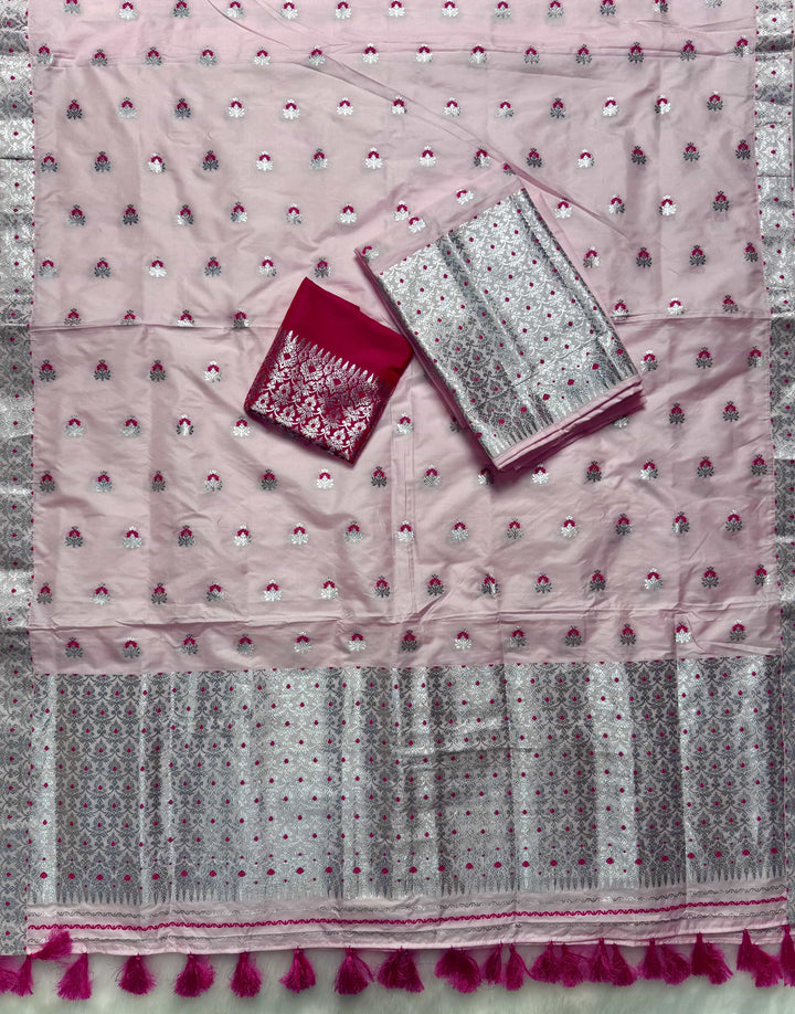 Ready-To-Wear Pink Mix Set Mekhela Sador - Contrast Rani Blouse