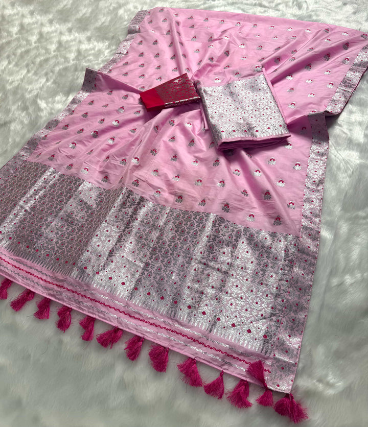 Ready-To-Wear Pink Mix Set Mekhela Sador - Contrast Rani Blouse