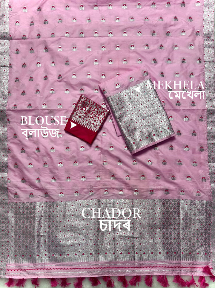 Ready-To-Wear Pink Mix Set Mekhela Sador - Contrast Rani Blouse