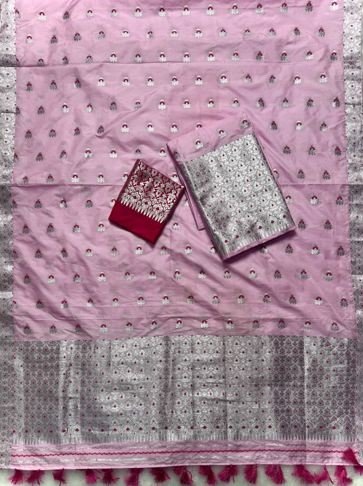 Ready-To-Wear Pink Mix Set Mekhela Sador - Contrast Rani Blouse