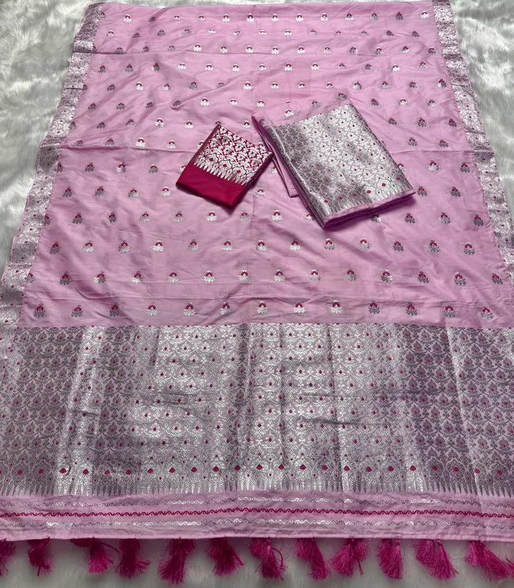 Ready-To-Wear Pink Mix Set Mekhela Sador - Contrast Rani Blouse