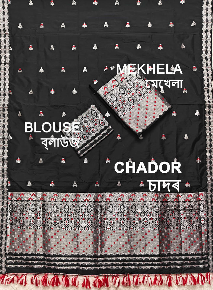 Ready-To-Wear Silver Jari Mix Set Mekhela Sador