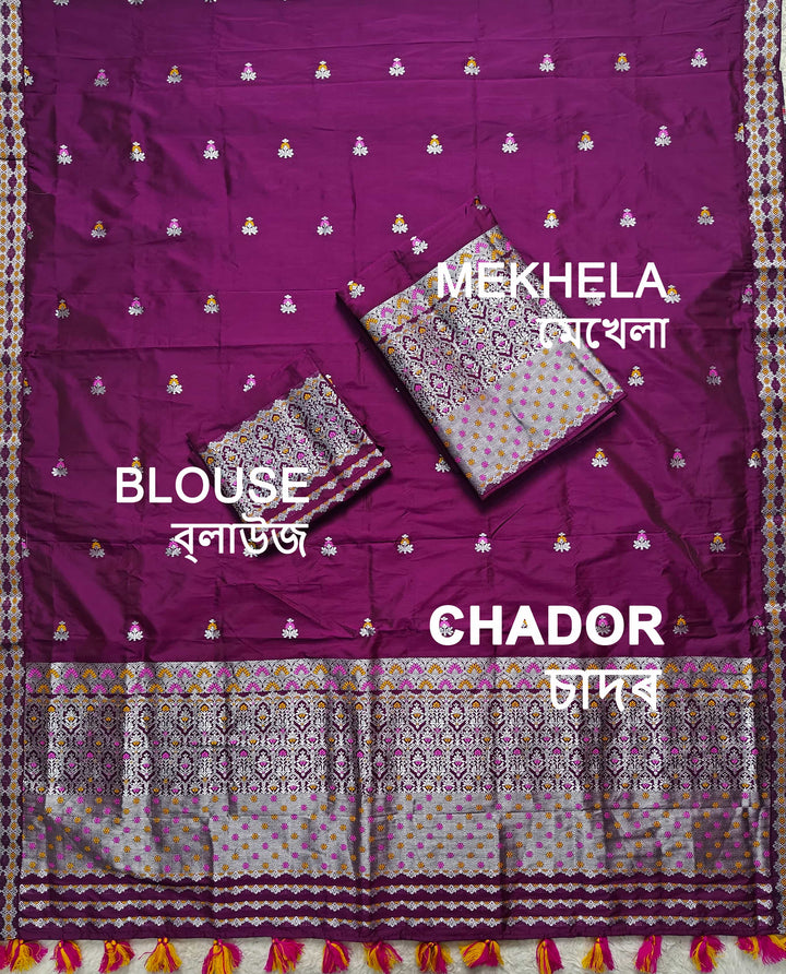 Ready-To-Wear Silver Jari Mix Set Mekhela Sador