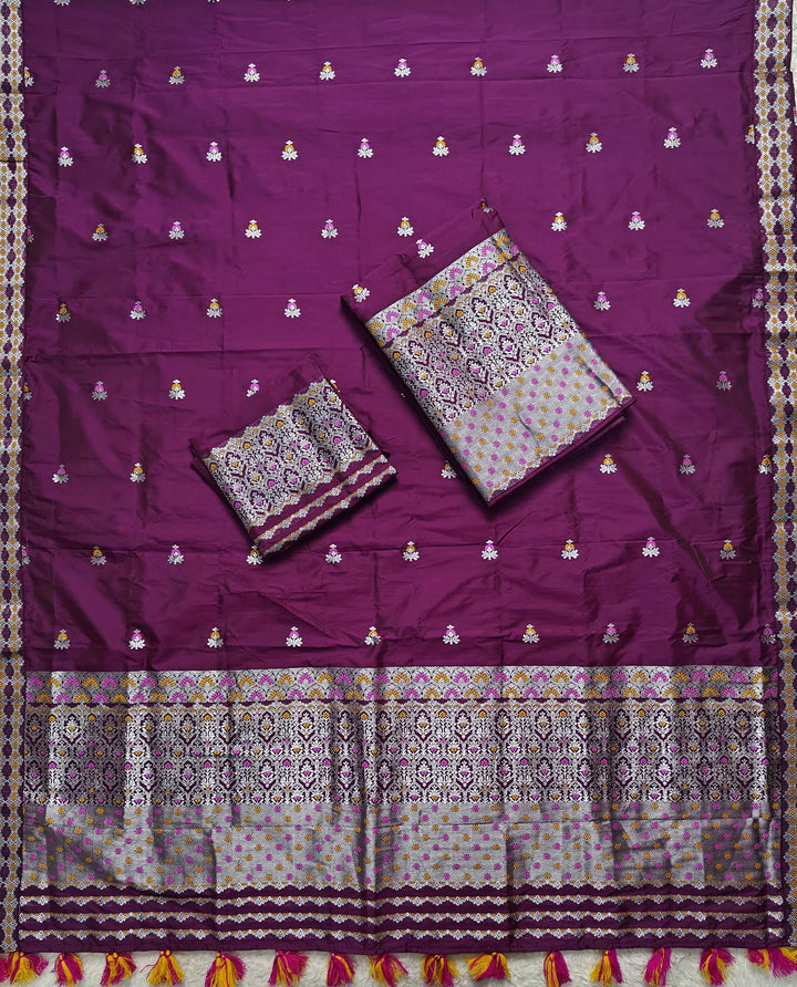Ready-To-Wear Silver Jari Mix Set Mekhela Sador