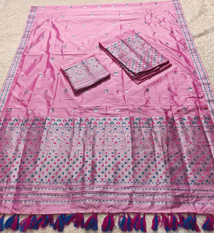 Ready-To-Wear Silver Jari Mix Set Mekhela Sador