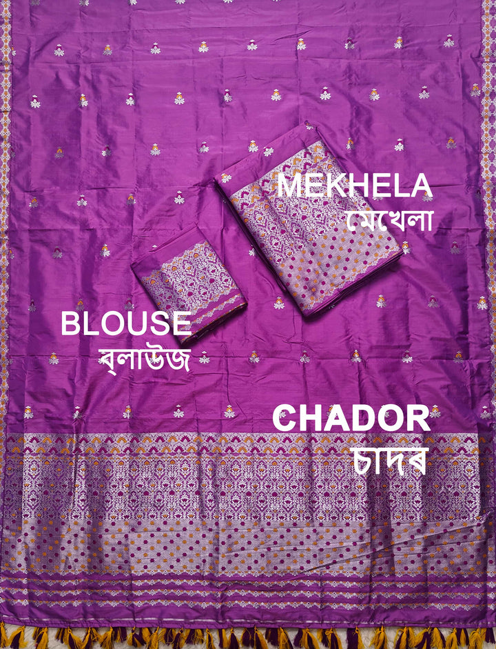 Ready-To-Wear Silver Jari Mix Set Mekhela Sador