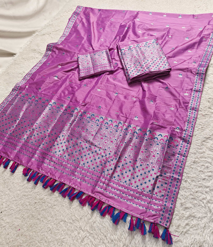 Ready-To-Wear Silver Jari Mix Set Mekhela Sador