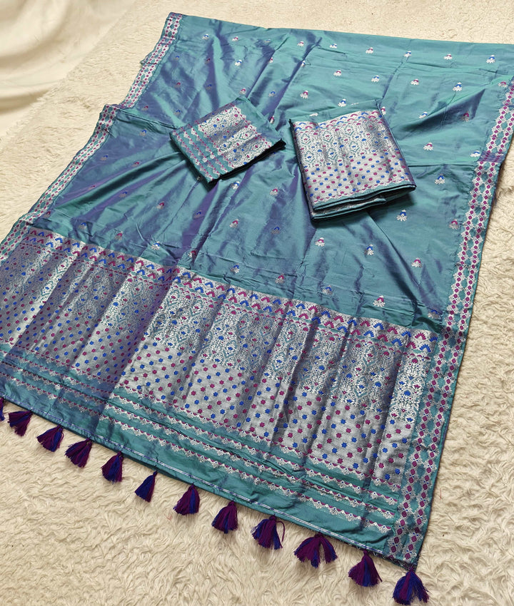 Ready-To-Wear Silver Jari Mix Set Mekhela Sador