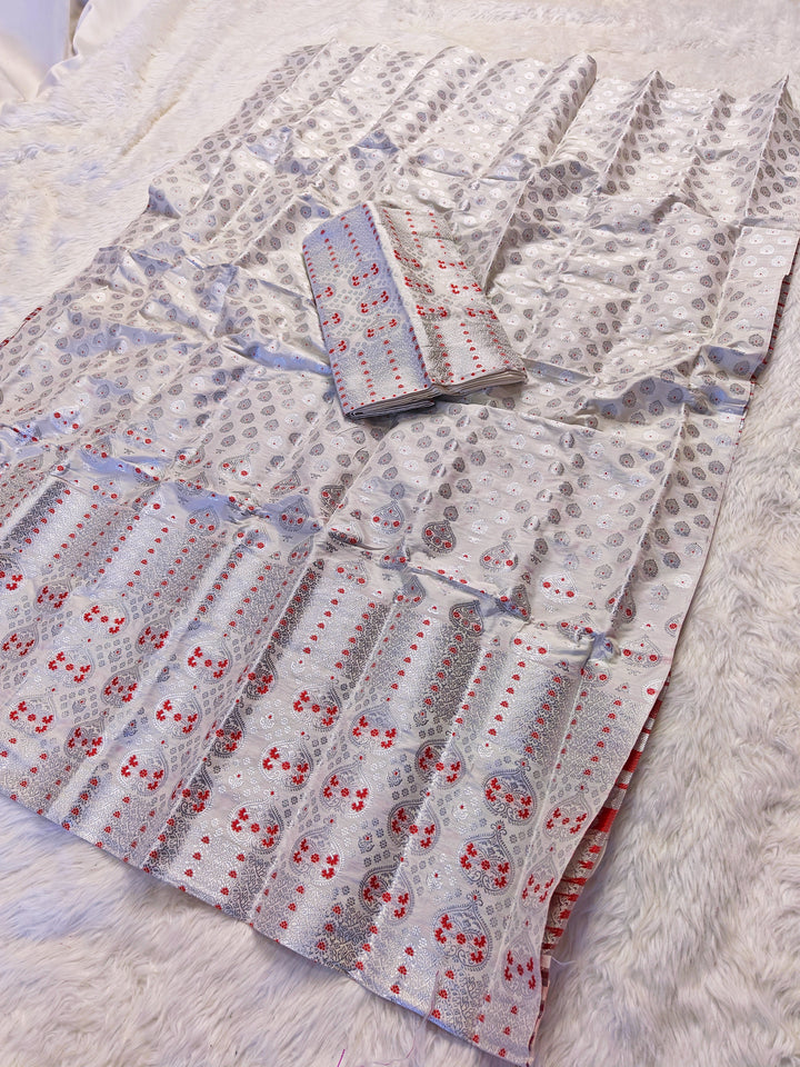 White Mix Set Mekhela Sador - Red Mina