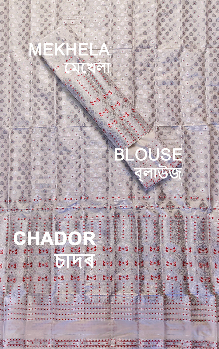 White Mix Set Mekhela Sador - Red Mina